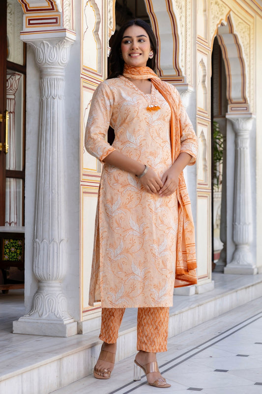 Peach Neck Highlight Printed Cotton Kurta Set with Trousers and Dupatta