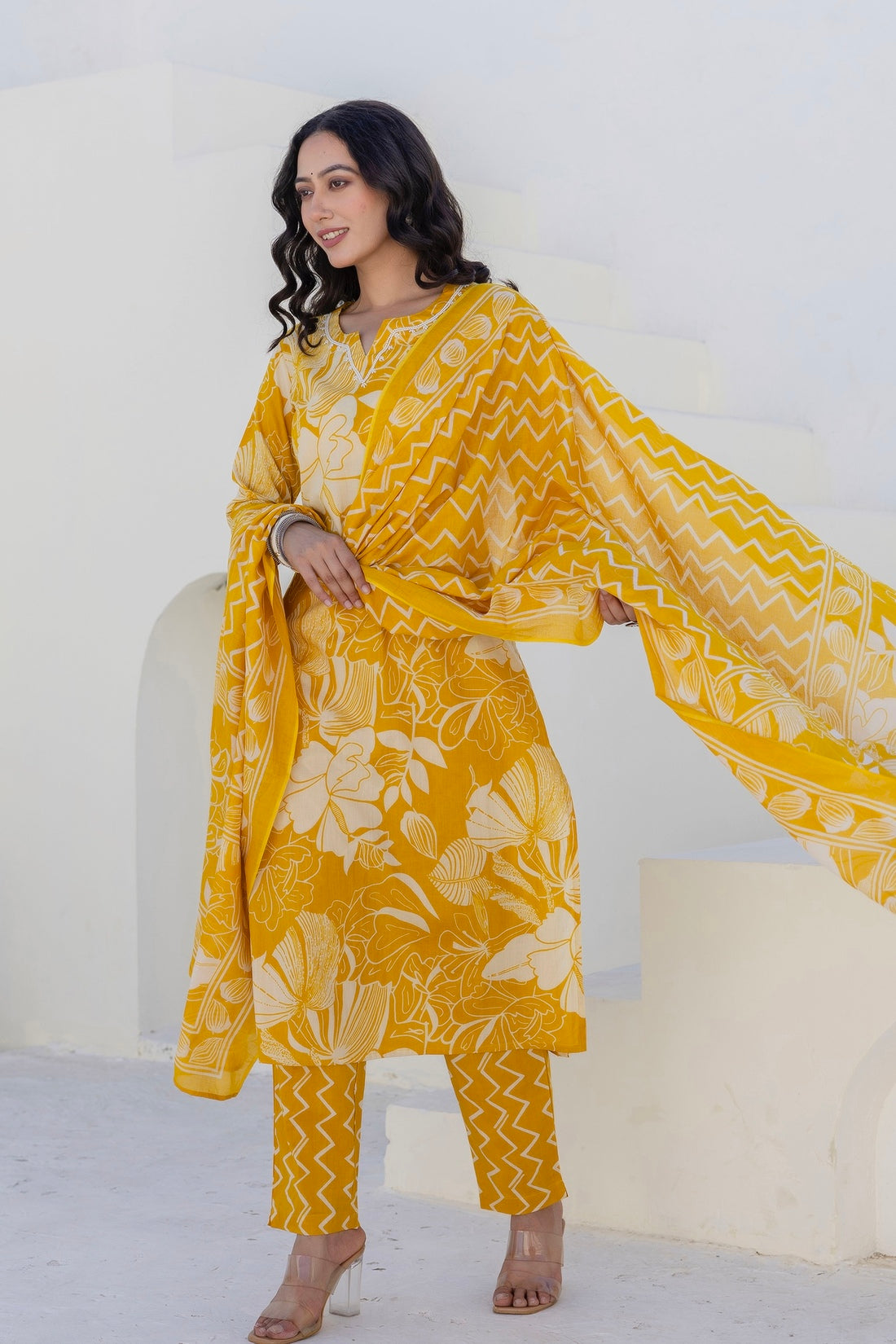 Mustard Yellow Pearl Highlight Cotton Kurta Set with Trousers and Dupatta Mustard Yellow Pearl Highlight Cotton Kurta Set with Trousers and Dupatta