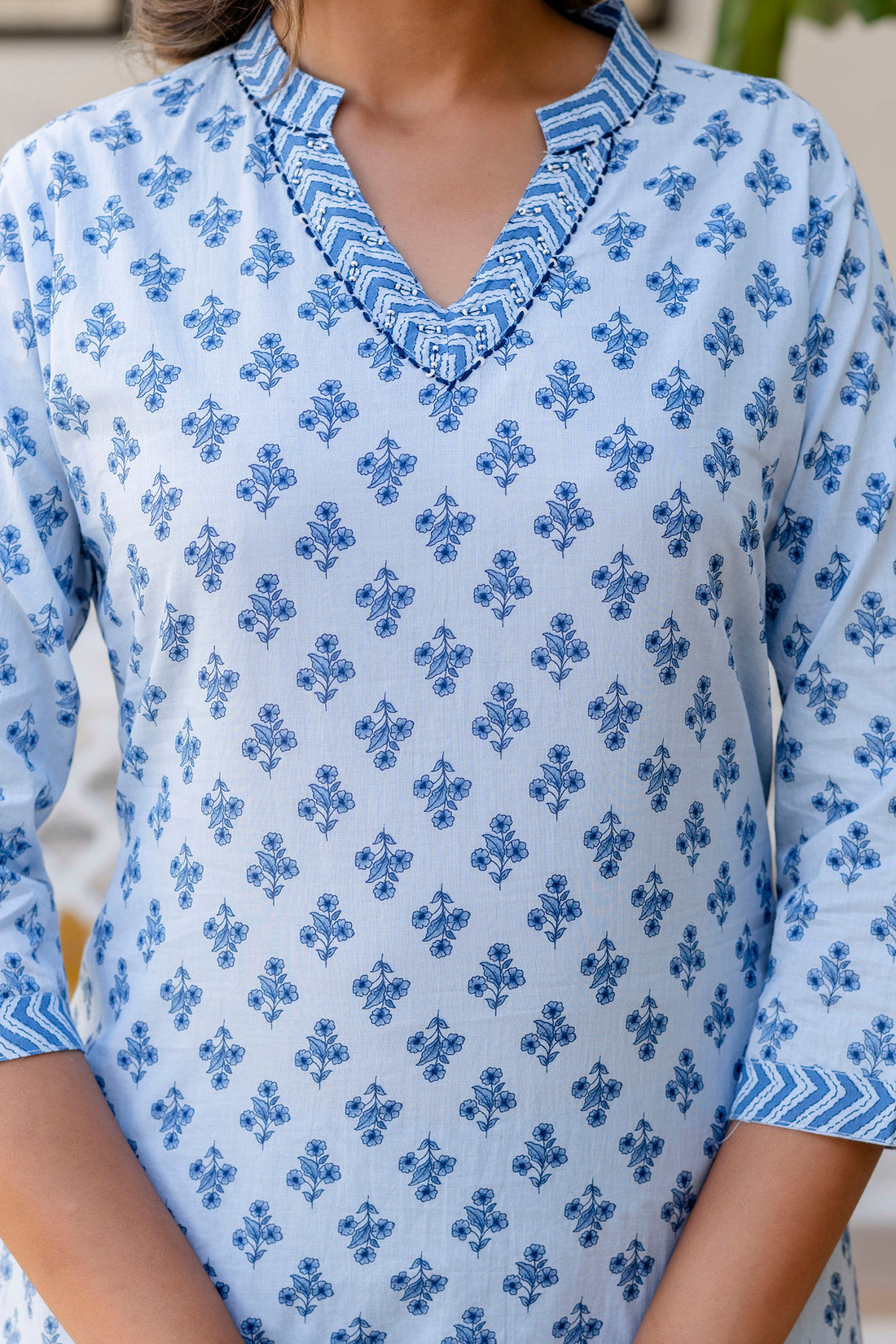 Blue Motif Printed Collar Neck Kurta Set with Trousers and Dupatta Blue Motif Printed Collar Neck Kurta Set with Trousers and Dupatta