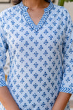 Blue Motif Printed Collar Neck Kurta Set with Trousers and Dupatta Blue Motif Printed Collar Neck Kurta Set with Trousers and Dupatta