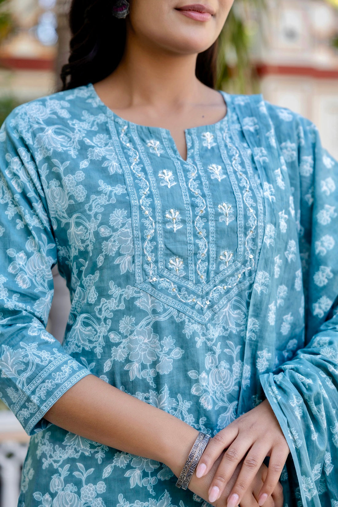 Sea Green Threadwork Highlight Cotton Kurta Set with Trousers and Dupatta Sea Green Threadwork Highlight Cotton Kurta Set with Trousers and Dupatta