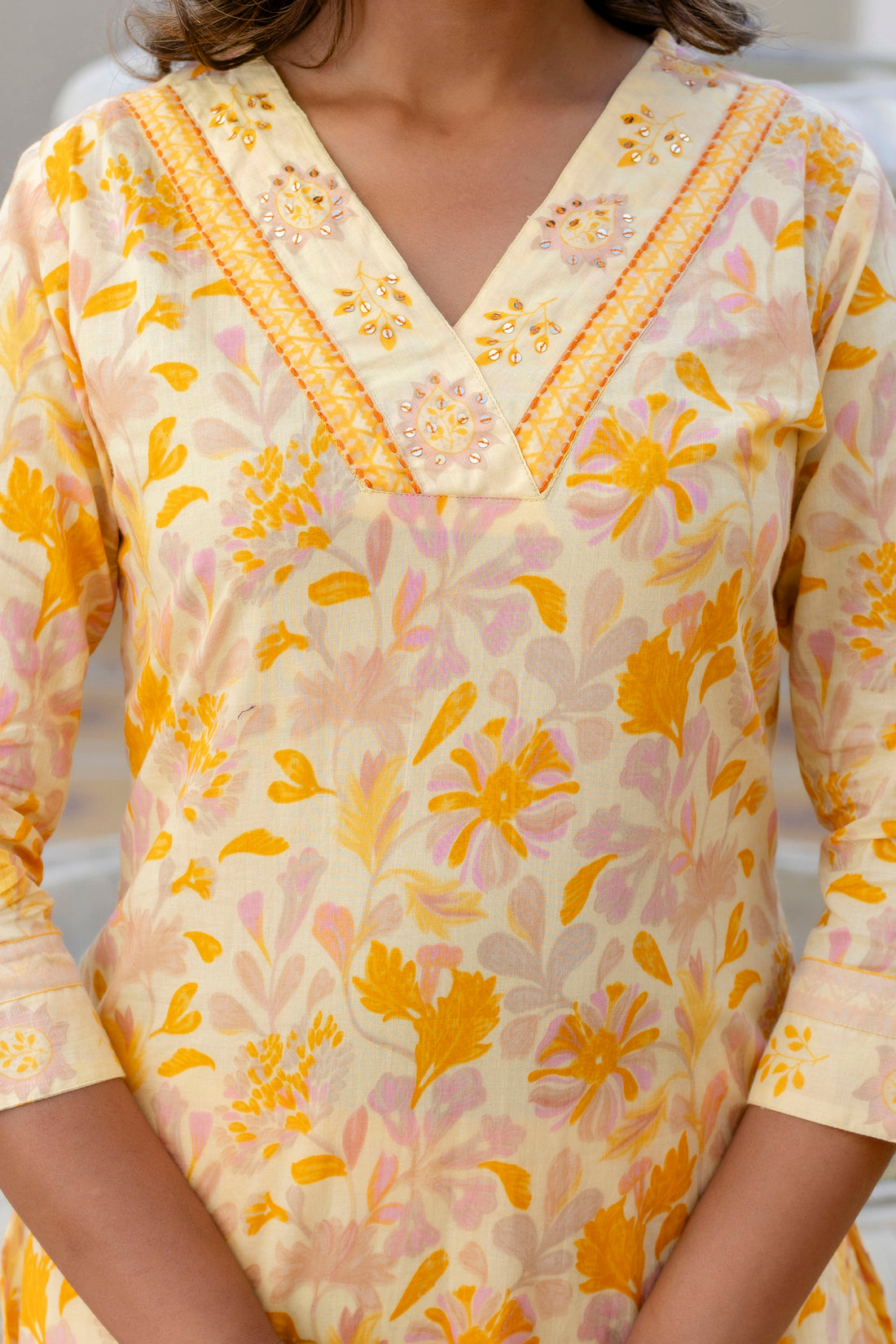 Yellow V-neck Floral Print Kurta Set with Trousers and Dupatta Yellow V-neck Floral Print Kurta Set with Trousers and Dupatta