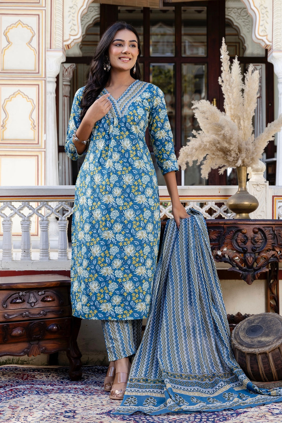 Teal Blue Front Pleats Design Cotton Kurta Set with Trousers and Dupatta Teal Blue Front Pleats Design Cotton Kurta Set with Trousers and Dupatta