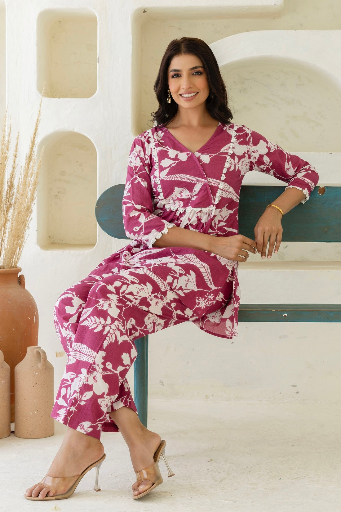 Reverie - Purple Floral Printed Lace Highlights Top with Wide Pants Coord Set Reverie - Purple Floral Printed Lace Highlights Top with Wide Pants Coord Set