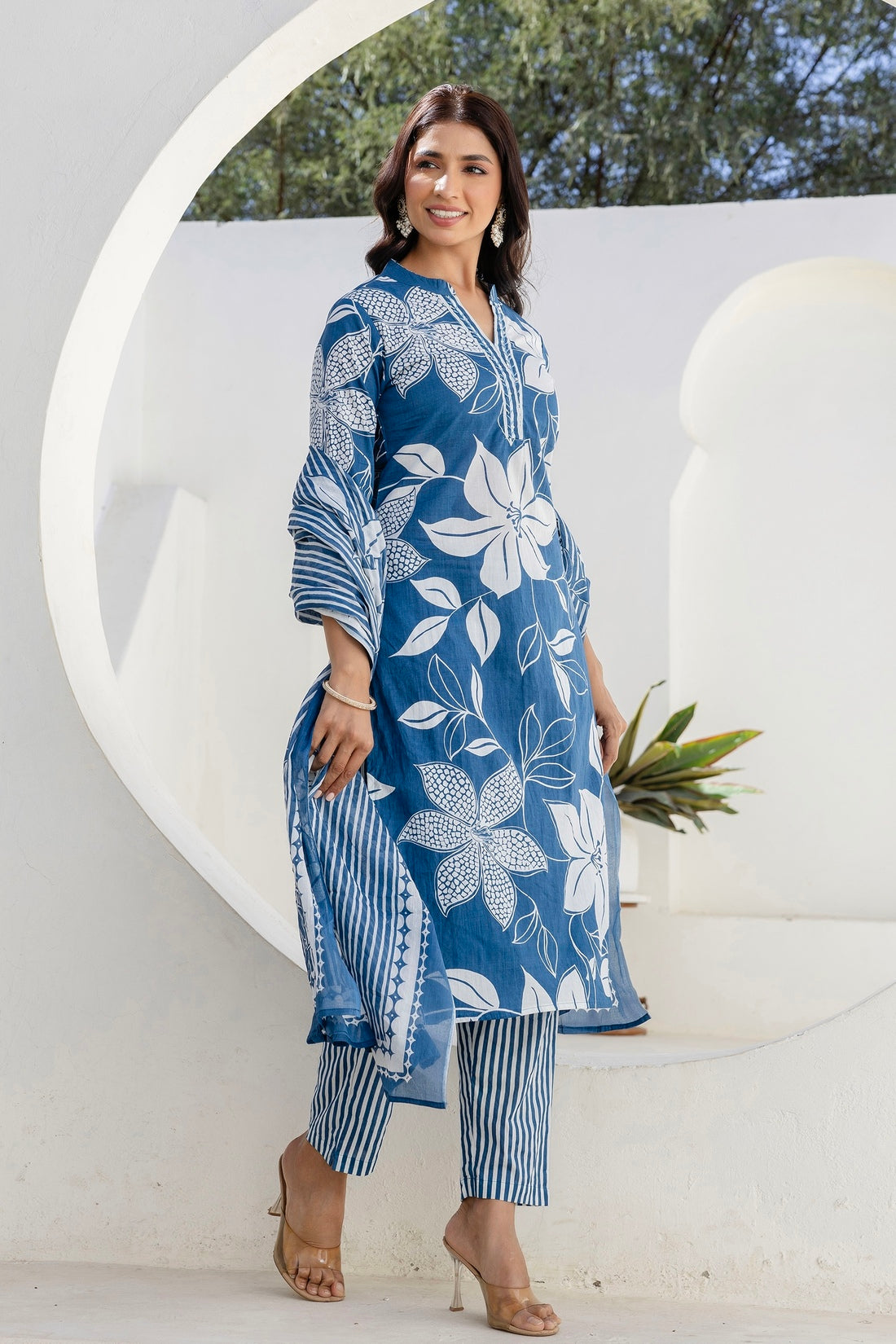Blue Floral Print Plackett Highlight Collar Kurta Set with Trousers and Dupatta Blue Floral Print Plackett Highlight Collar Kurta Set with Trousers and Dupatta