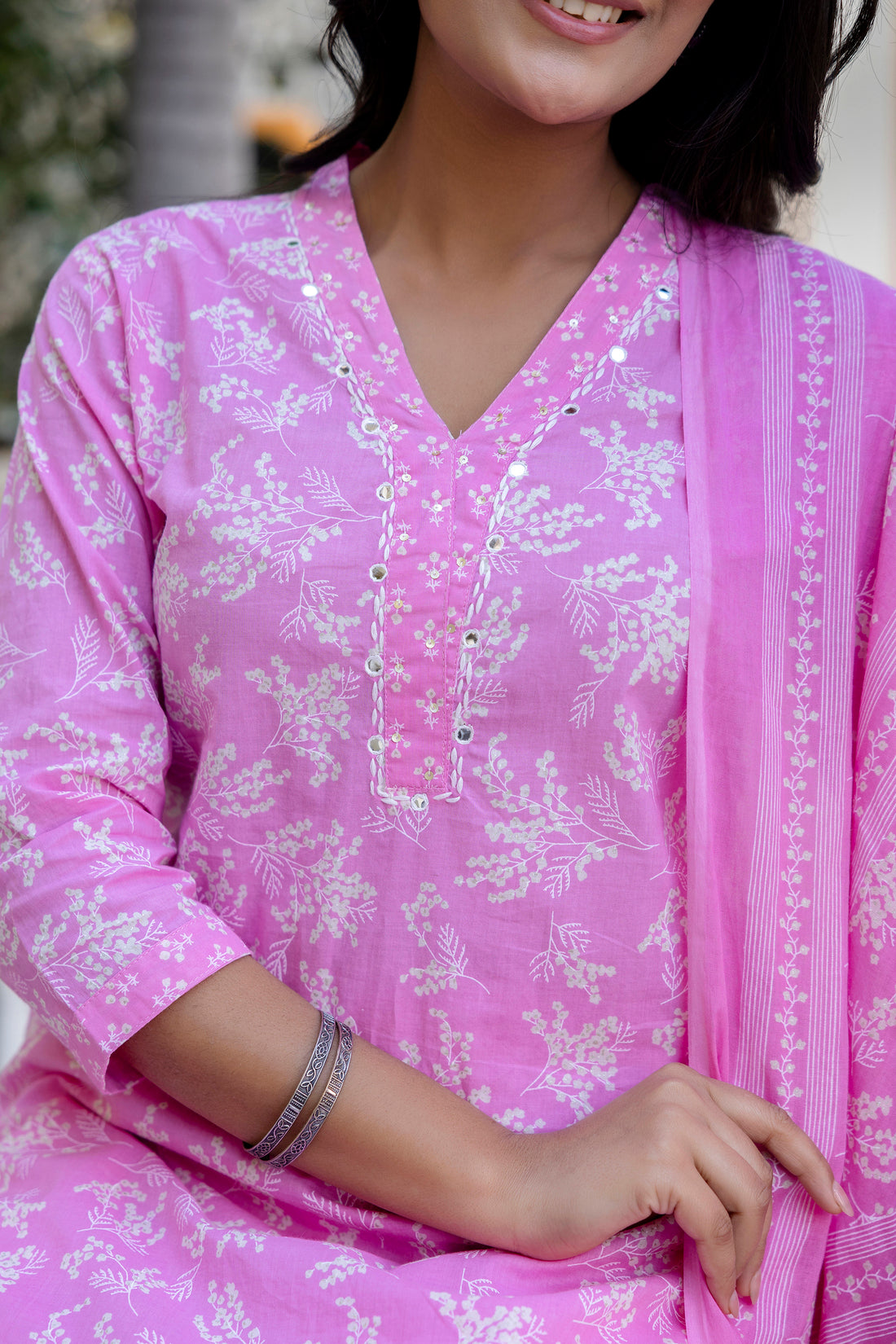 Pink Mirrorwork Floral Kurta Set with Trousers and Dupatta Pink Mirrorwork Floral Kurta Set with Trousers and Dupatta