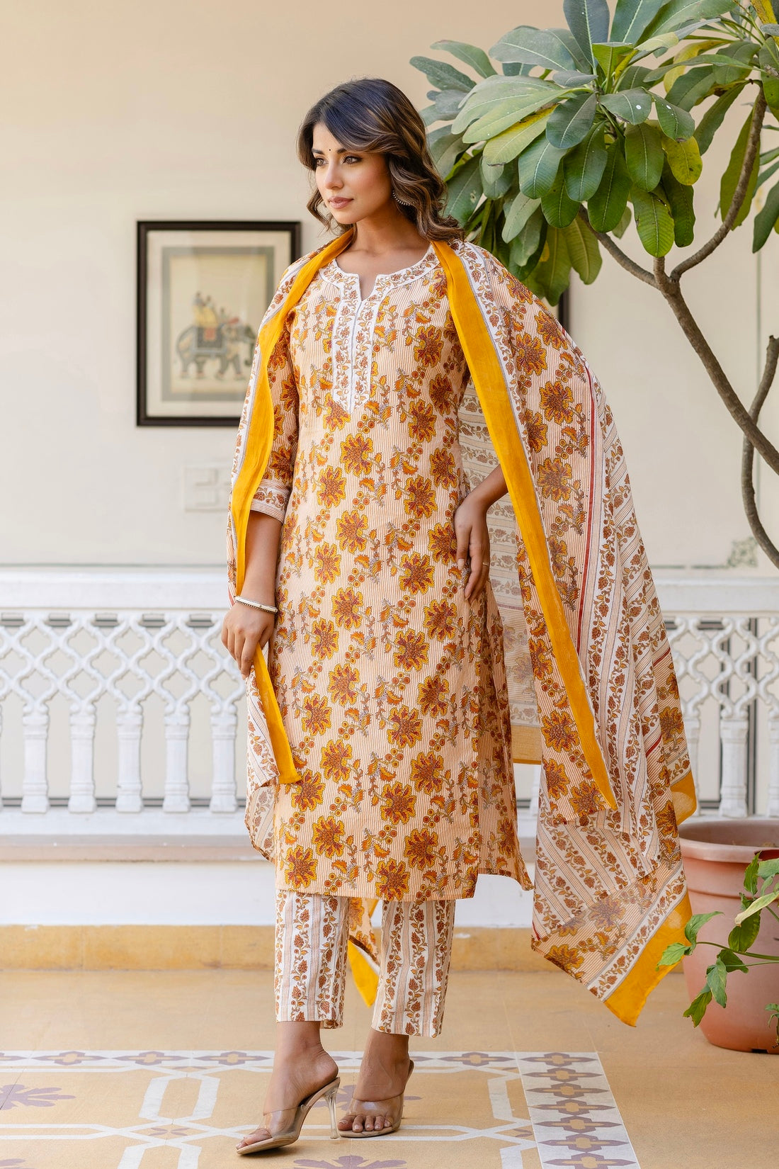 Yellow Stripes with Floral Printed Cotton Kurta Set with Trousers and Dupatta Yellow Stripes with Floral Printed Cotton Kurta Set with Trousers and Dupatta