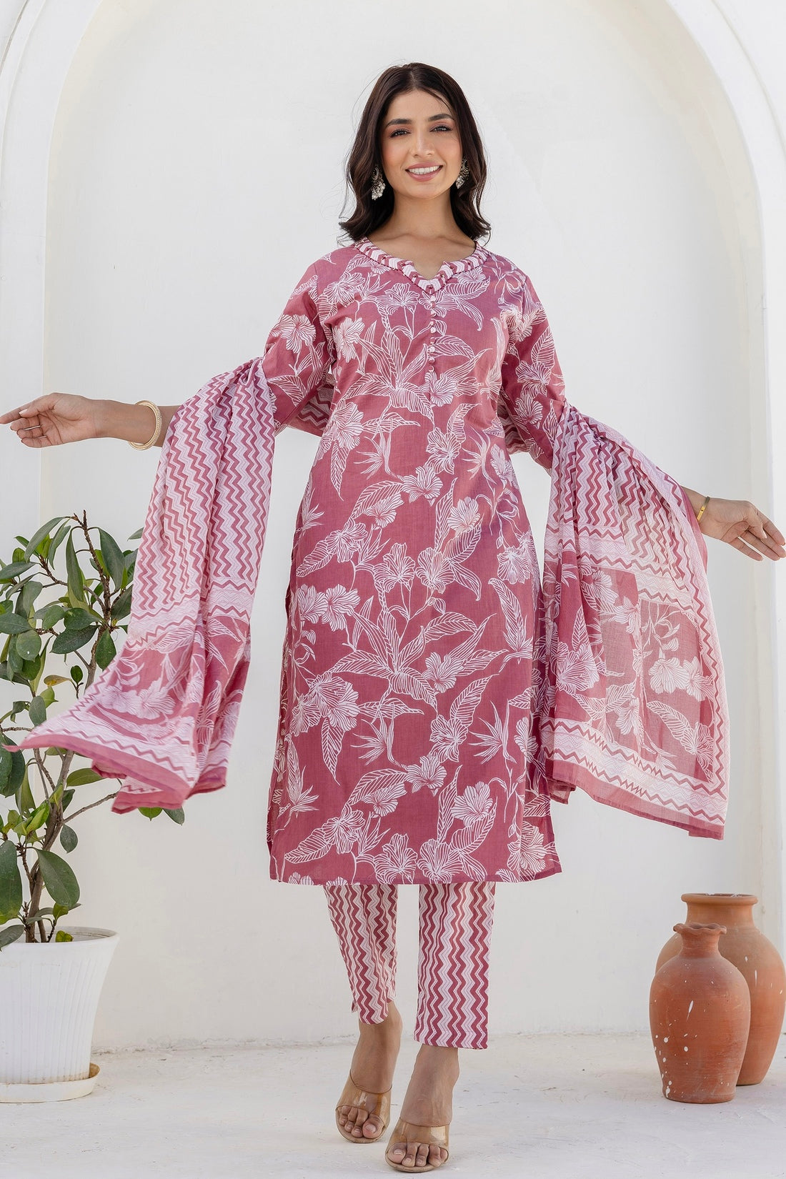 Dusty Pink Floral Print Cotton Kurta Set with Trouser and Dupatta Dusty Pink Floral Print Cotton Kurta Set with Trouser and Dupatta