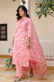 Peach Plackett Design Cotton Kurta Set with Trousers and Dupatta Peach Plackett Design Cotton Kurta Set with Trousers and Dupatta
