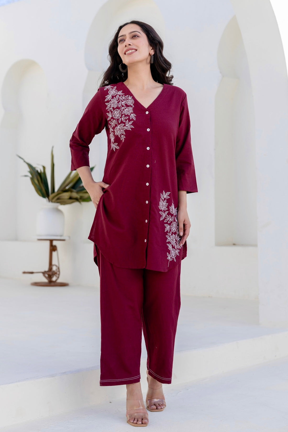 Ariadne - Burgundy Cotton Flex Solid Embroidered Coord Set Ariadne - Burgundy Cotton Flex Solid Embroidered Coord Set