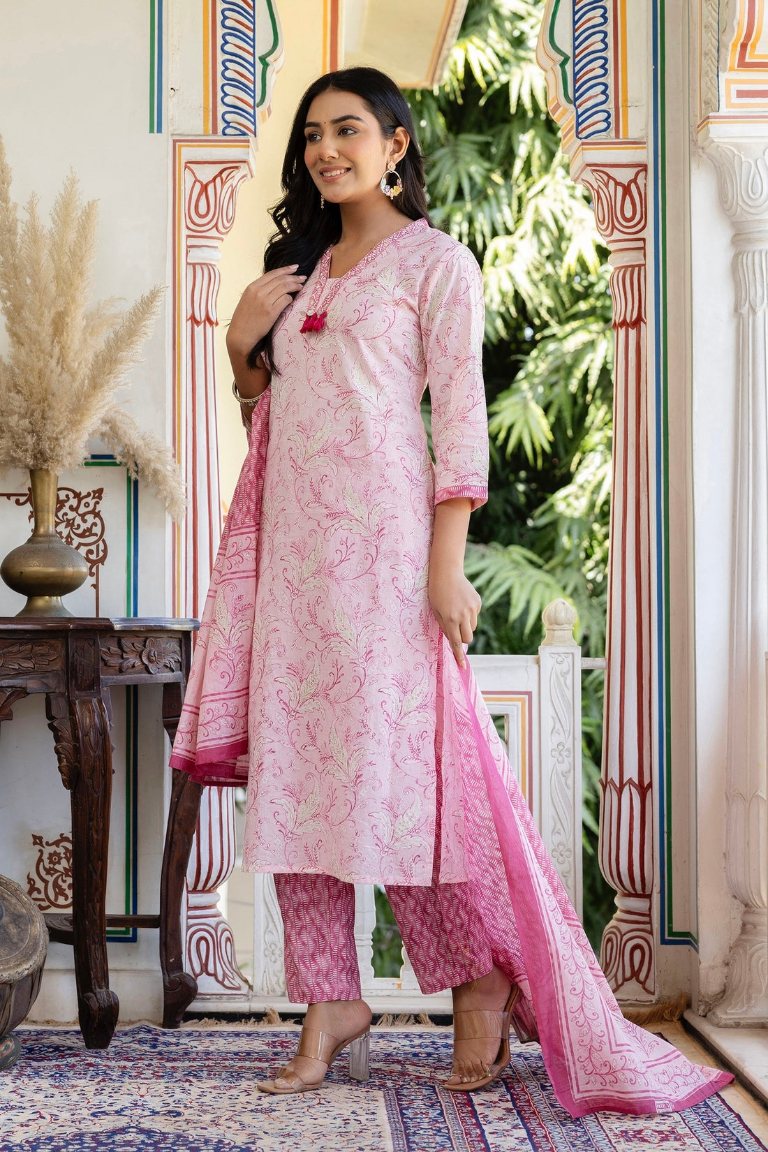 Pink Neck Highlight Printed Cotton Kurta Set with Trousers and Dupatta Pink Neck Highlight Printed Cotton Kurta Set with Trousers and Dupatta