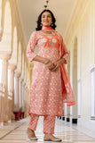 Peach Yoke Highlighted Floral Cotton Kurta Set with Trousers and Dupatta Peach Yoke Highlighted Floral Cotton Kurta Set with Trousers and Dupatta