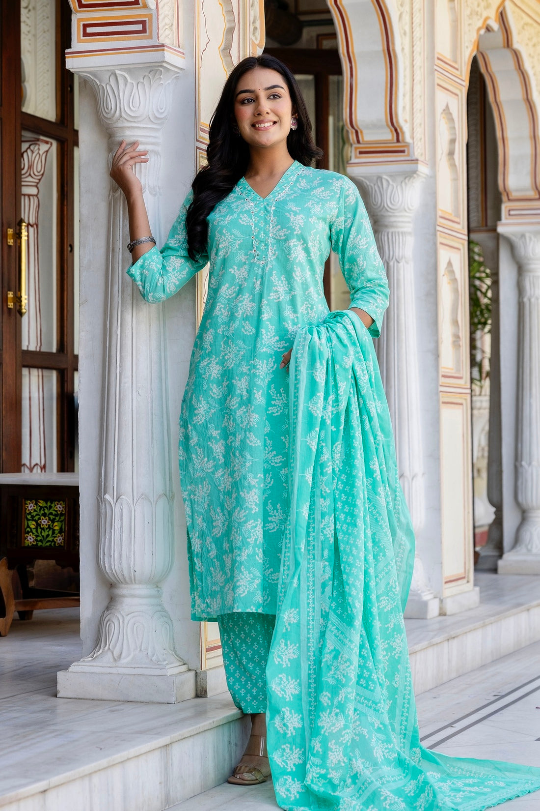 Sea Green Mirrorwork Floral Kurta Set with Trousers and Dupatta Sea Green Mirrorwork Floral Kurta Set with Trousers and Dupatta