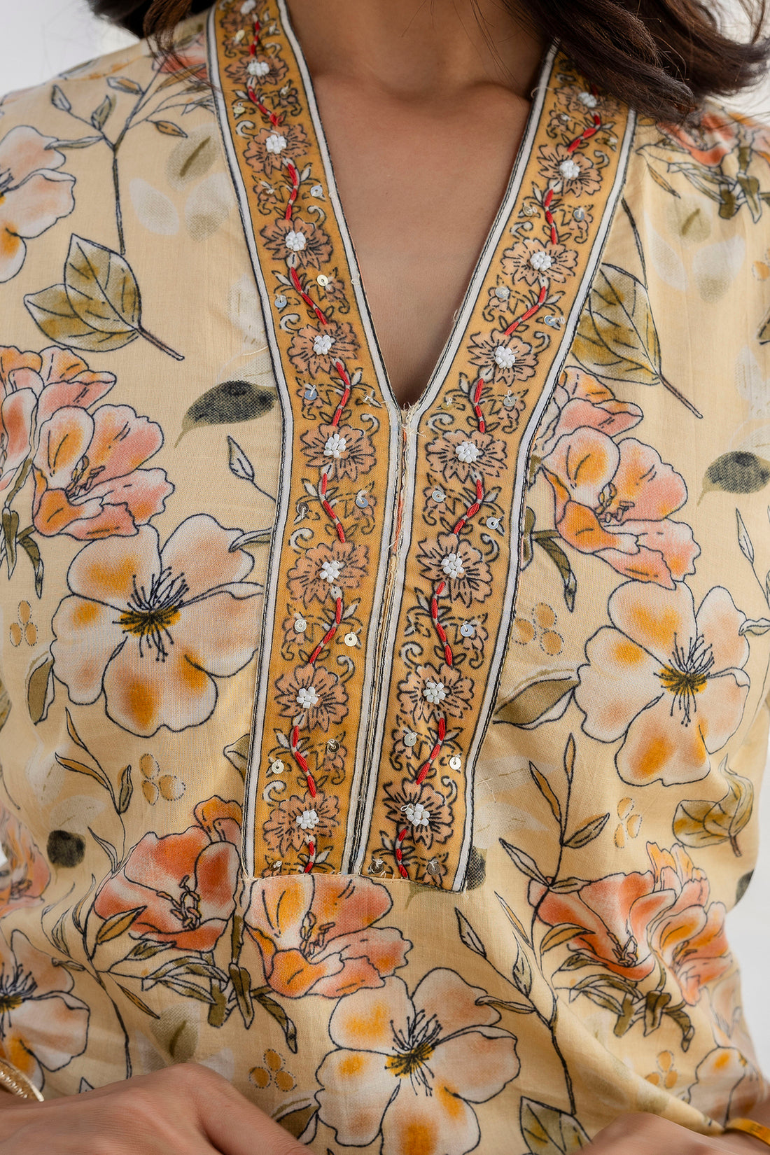 Pastel Yellow Collar Neck Floral Kurta Set with Trousers and Dupatta Pastel Yellow Collar Neck Floral Kurta Set with Trousers and Dupatta