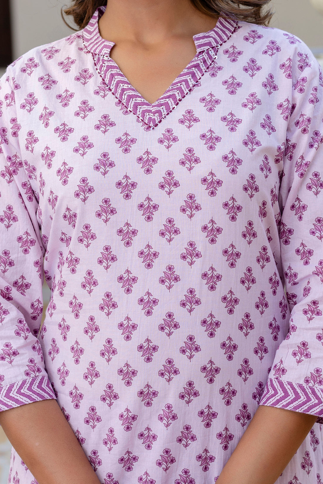 Lavender Motif Printed Collar Neck Kurta Set with Trousers and Dupatta Lavender Motif Printed Collar Neck Kurta Set with Trousers and Dupatta
