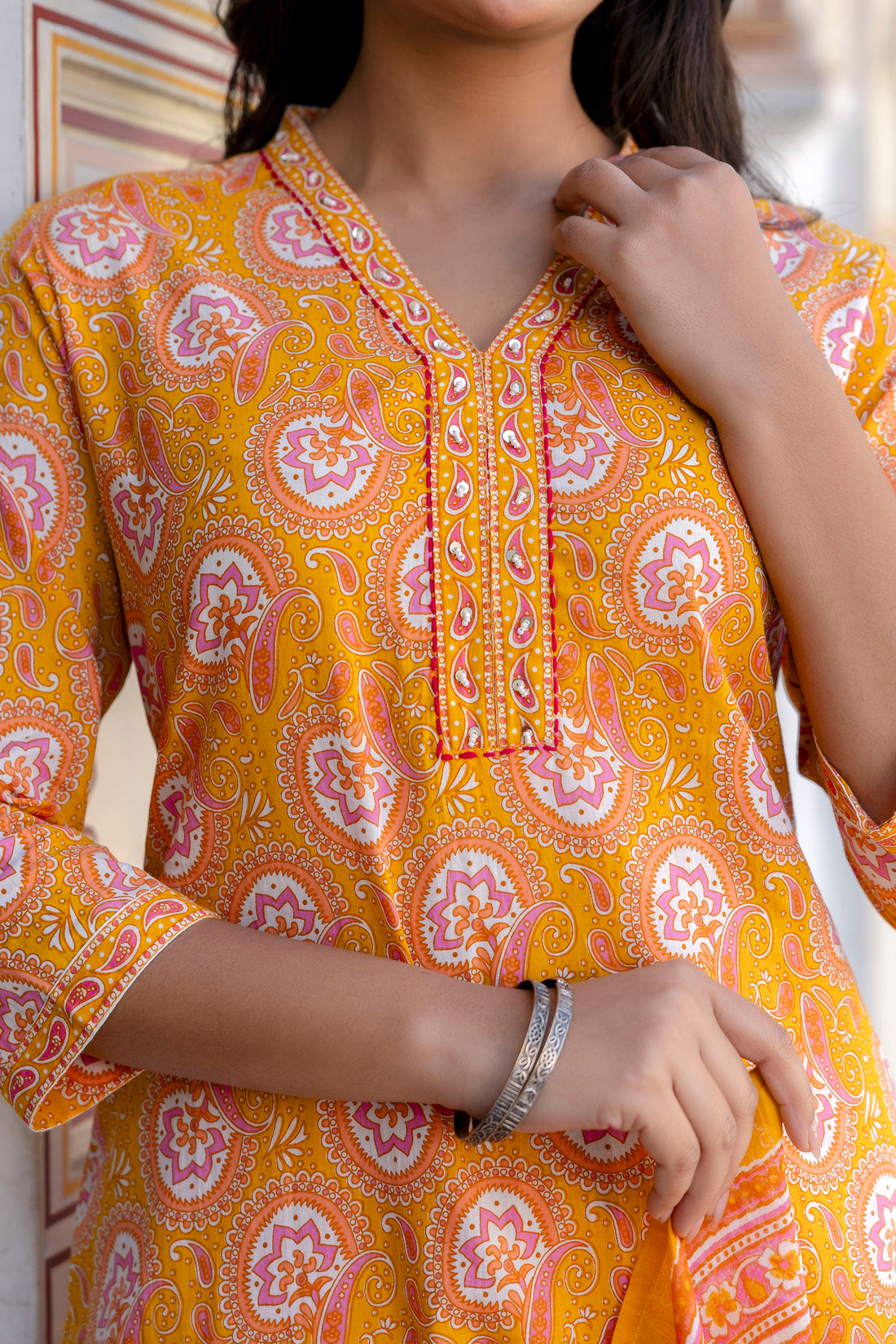 Deep Yellow Collar Neck Cotton Kurta Set with Trousers and Dupatta Deep Yellow Collar Neck Cotton Kurta Set with Trousers and Dupatta