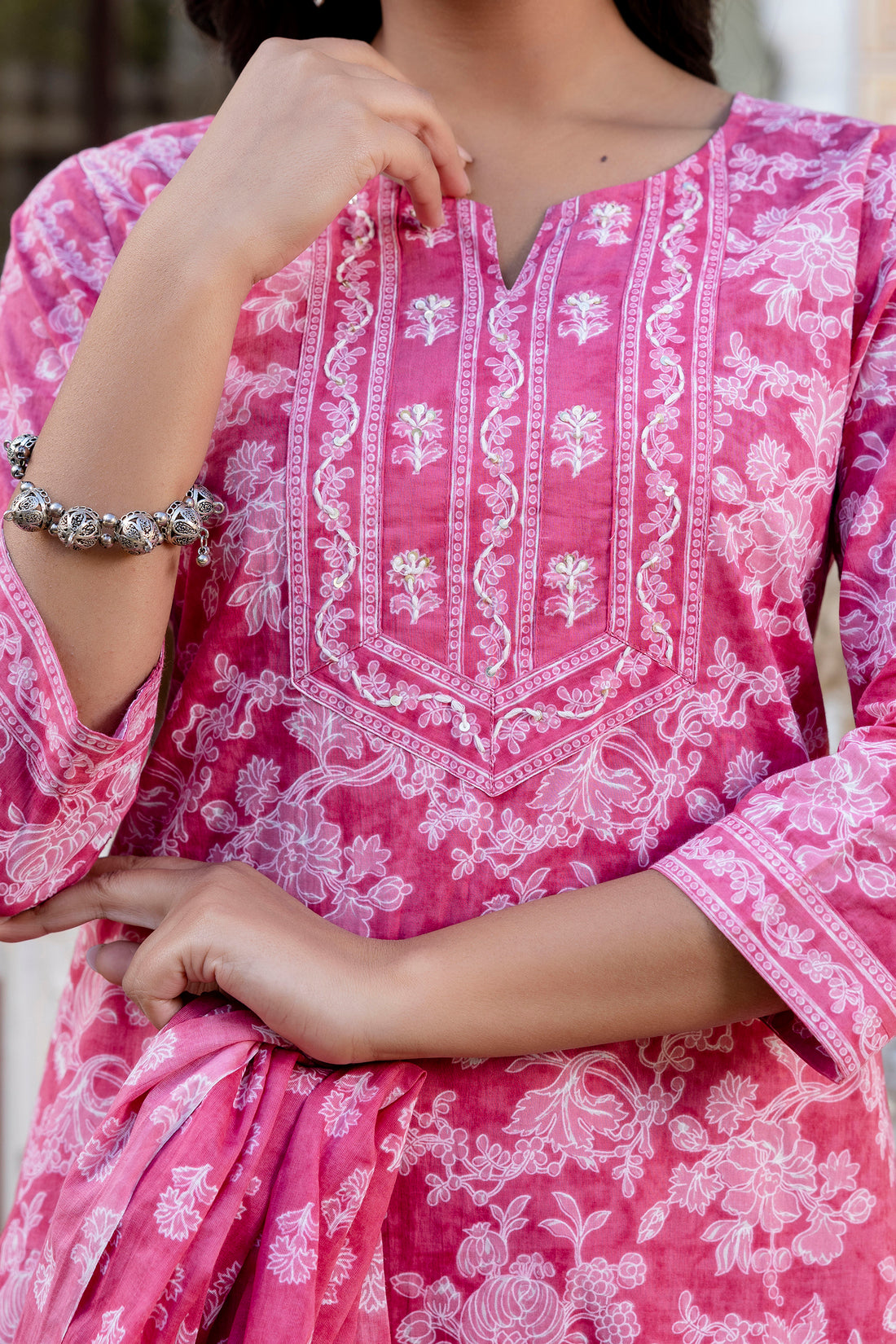 Pink Threadwork Highlight Cotton Kurta Set with Trousers and Dupatta Pink Threadwork Highlight Cotton Kurta Set with Trousers and Dupatta