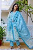 Blue Threadwork Yoke Design Kurta set with Trousers and Dupatta Blue Threadwork Yoke Design Kurta set with Trousers and Dupatta