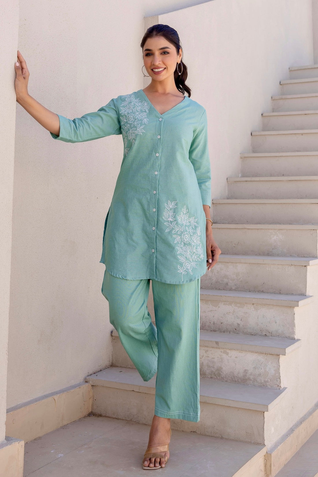 Damaris - Sage Green Cotton Flex Solid Embroidered Coord Set Damaris - Sage Green Cotton Flex Solid Embroidered Coord Set