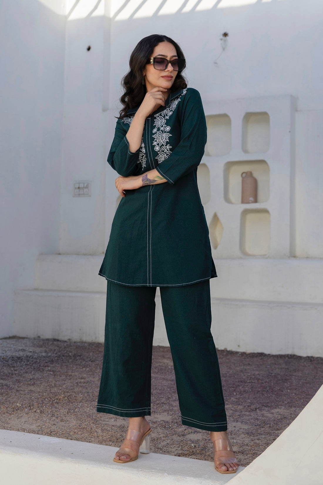 Elara - Bottle Green Cotton Flex Solid Embroidered Coord Set Elara - Bottle Green Cotton Flex Solid Embroidered Coord Set