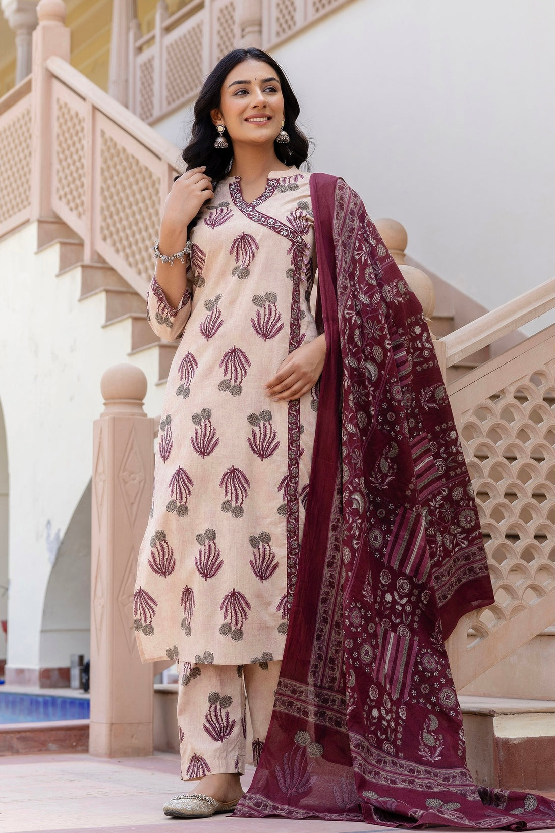 Pink and Cream Angrakha Neckline Kurta Set with Trousers and Dupatta Pink and Cream Angrakha Neckline Kurta Set with Trousers and Dupatta