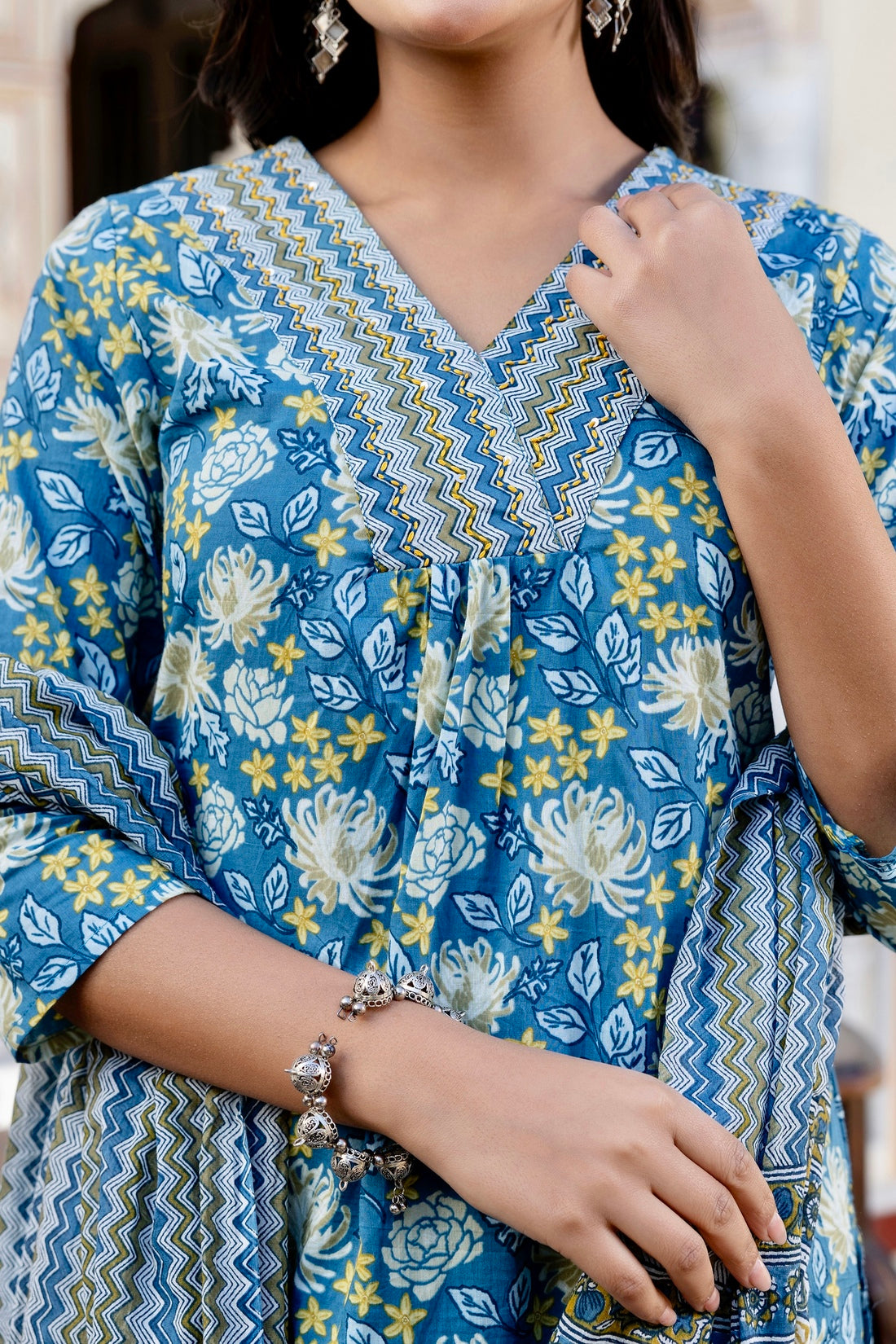 Teal Blue Front Pleats Design Cotton Kurta Set with Trousers and Dupatta Teal Blue Front Pleats Design Cotton Kurta Set with Trousers and Dupatta
