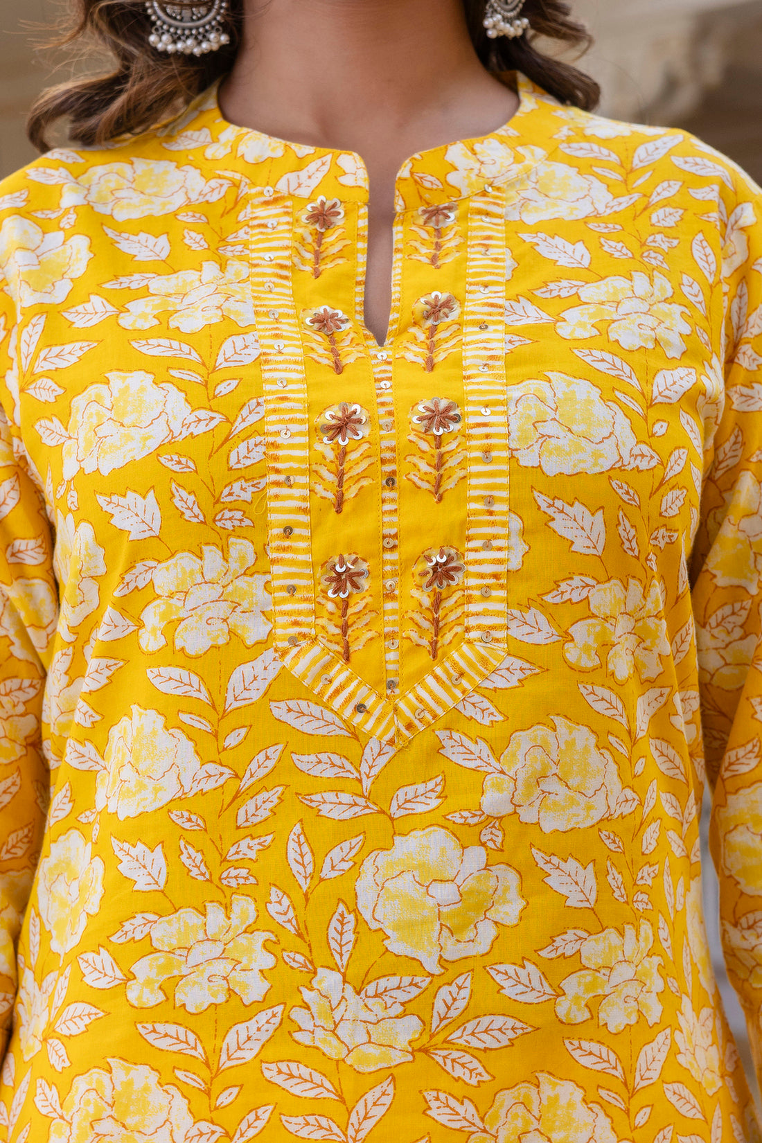 Yellow Plackett Design Cotton Kurta Set with Trousers and Dupatta Yellow Plackett Design Cotton Kurta Set with Trousers and Dupatta