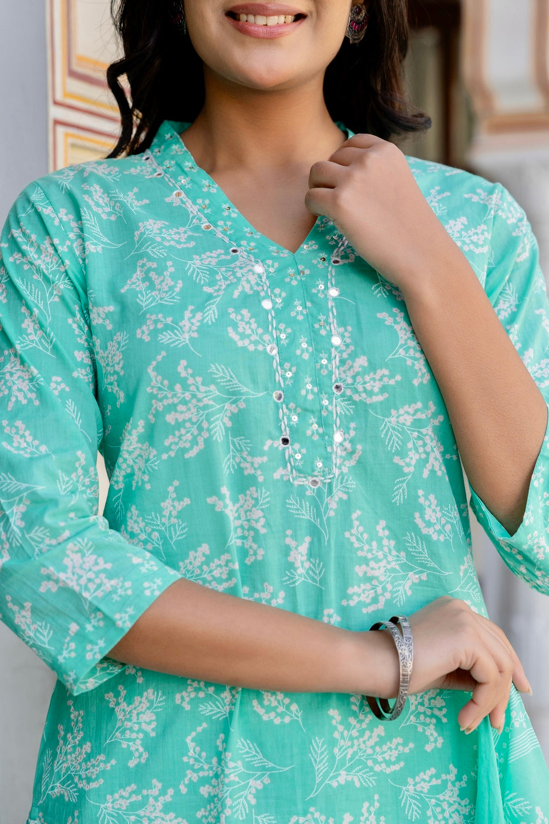 Sea Green Mirrorwork Floral Kurta Set with Trousers and Dupatta Sea Green Mirrorwork Floral Kurta Set with Trousers and Dupatta