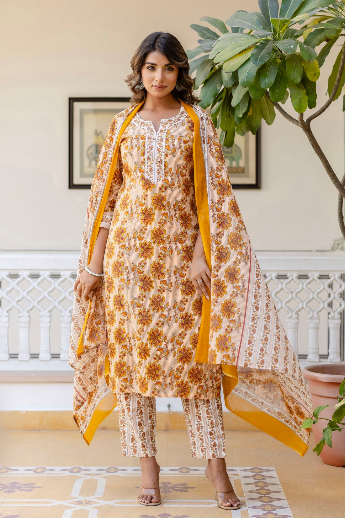 Yellow Stripes with Floral Printed Cotton Kurta Set with Trousers and Dupatta Yellow Stripes with Floral Printed Cotton Kurta Set with Trousers and Dupatta