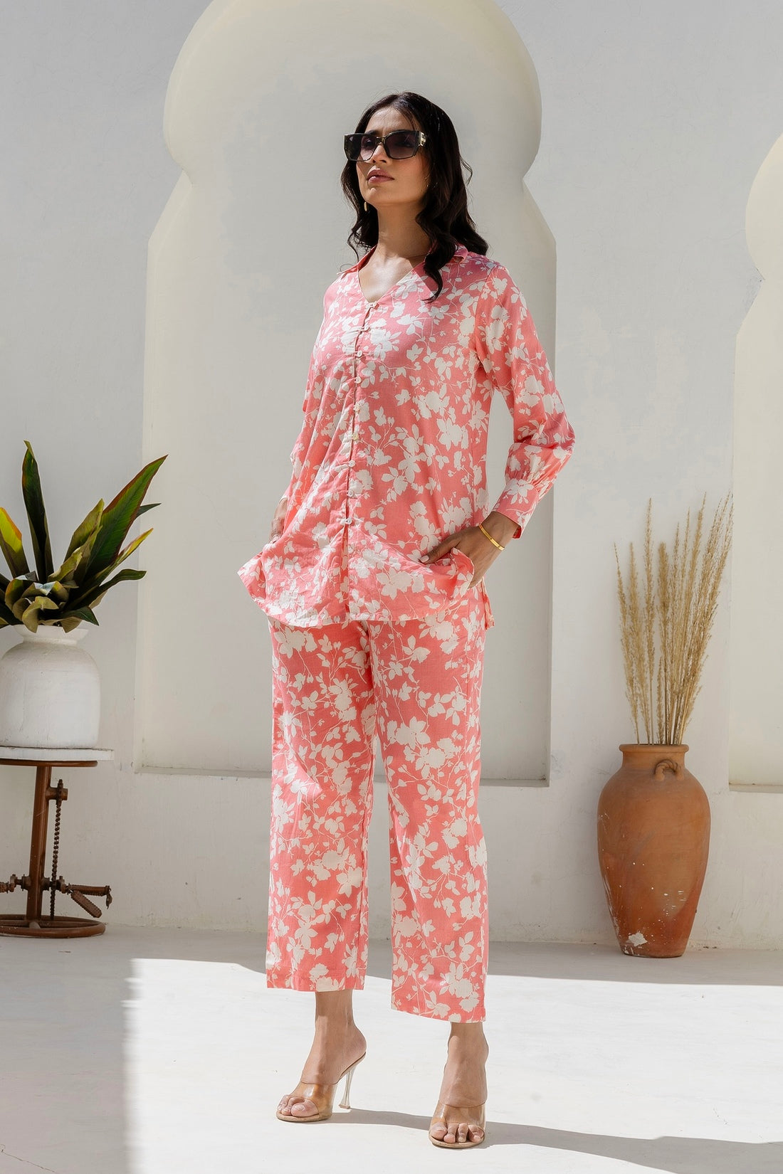 Rowena - Pink Cotton Floral Long Shirt with Wide Pants Coord Set Rowena - Pink Cotton Floral Long Shirt with Wide Pants Coord Set
