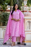 Pink Mirrorwork Floral Kurta Set with Trousers and Dupatta Pink Mirrorwork Floral Kurta Set with Trousers and Dupatta