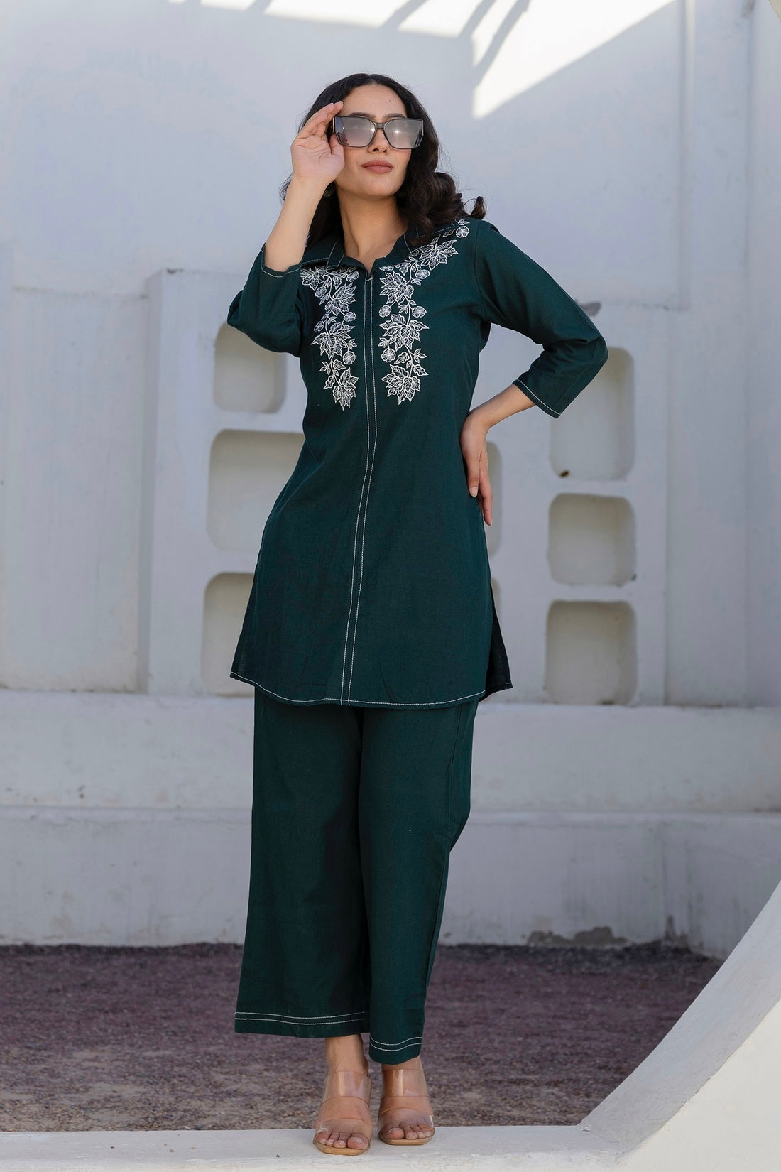 Elara - Bottle Green Cotton Flex Solid Embroidered Coord Set Elara - Bottle Green Cotton Flex Solid Embroidered Coord Set