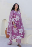 Purple Floral Print Plackett Highlight Collar Kurta Set with Trousers and Dupatta Purple Floral Print Plackett Highlight Collar Kurta Set with Trousers and Dupatta