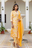 Yellow V-neck Floral Print Kurta Set with Trousers and Dupatta Yellow V-neck Floral Print Kurta Set with Trousers and Dupatta