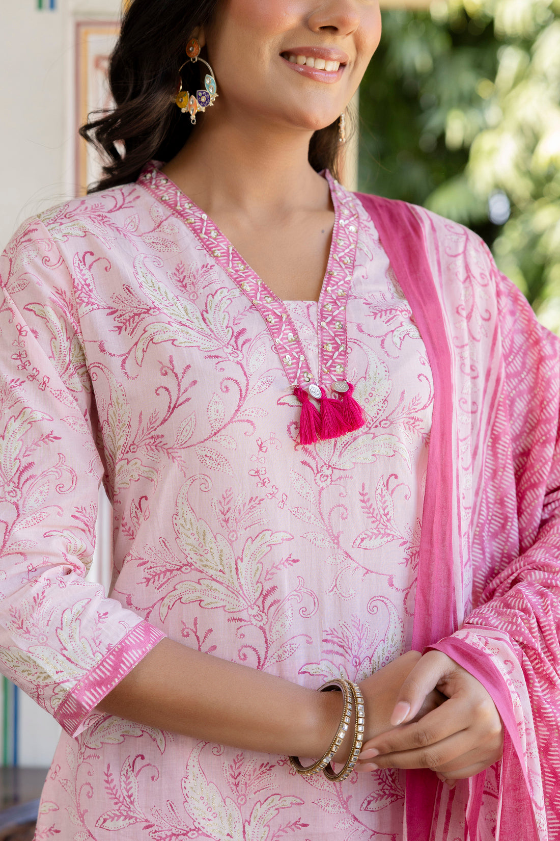 Pink Neck Highlight Printed Cotton Kurta Set with Trousers and Dupatta Pink Neck Highlight Printed Cotton Kurta Set with Trousers and Dupatta