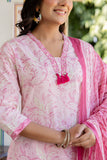 Pink Neck Highlight Printed Cotton Kurta Set with Trousers and Dupatta Pink Neck Highlight Printed Cotton Kurta Set with Trousers and Dupatta