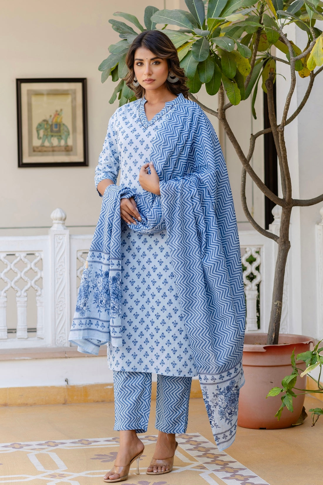 Blue Motif Printed Collar Neck Kurta Set with Trousers and Dupatta Blue Motif Printed Collar Neck Kurta Set with Trousers and Dupatta