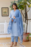 Blue Motif Printed Collar Neck Kurta Set with Trousers and Dupatta Blue Motif Printed Collar Neck Kurta Set with Trousers and Dupatta