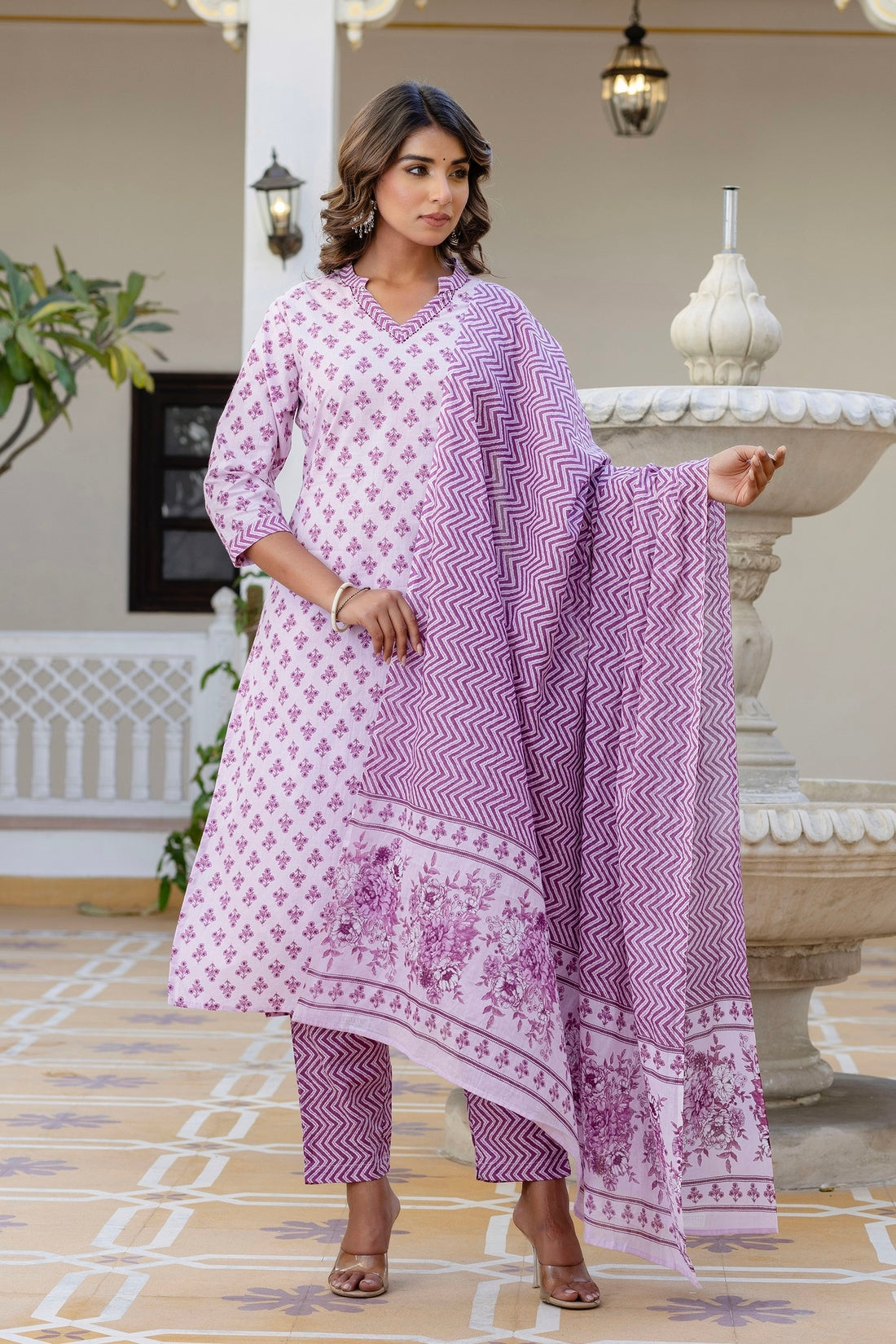 Lavender Motif Printed Collar Neck Kurta Set with Trousers and Dupatta Lavender Motif Printed Collar Neck Kurta Set with Trousers and Dupatta
