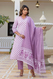 Lavender Motif Printed Collar Neck Kurta Set with Trousers and Dupatta Lavender Motif Printed Collar Neck Kurta Set with Trousers and Dupatta