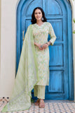Pastel Green V-neck Floral Print Kurta Set with Trousers and Dupatta Pastel Green V-neck Floral Print Kurta Set with Trousers and Dupatta