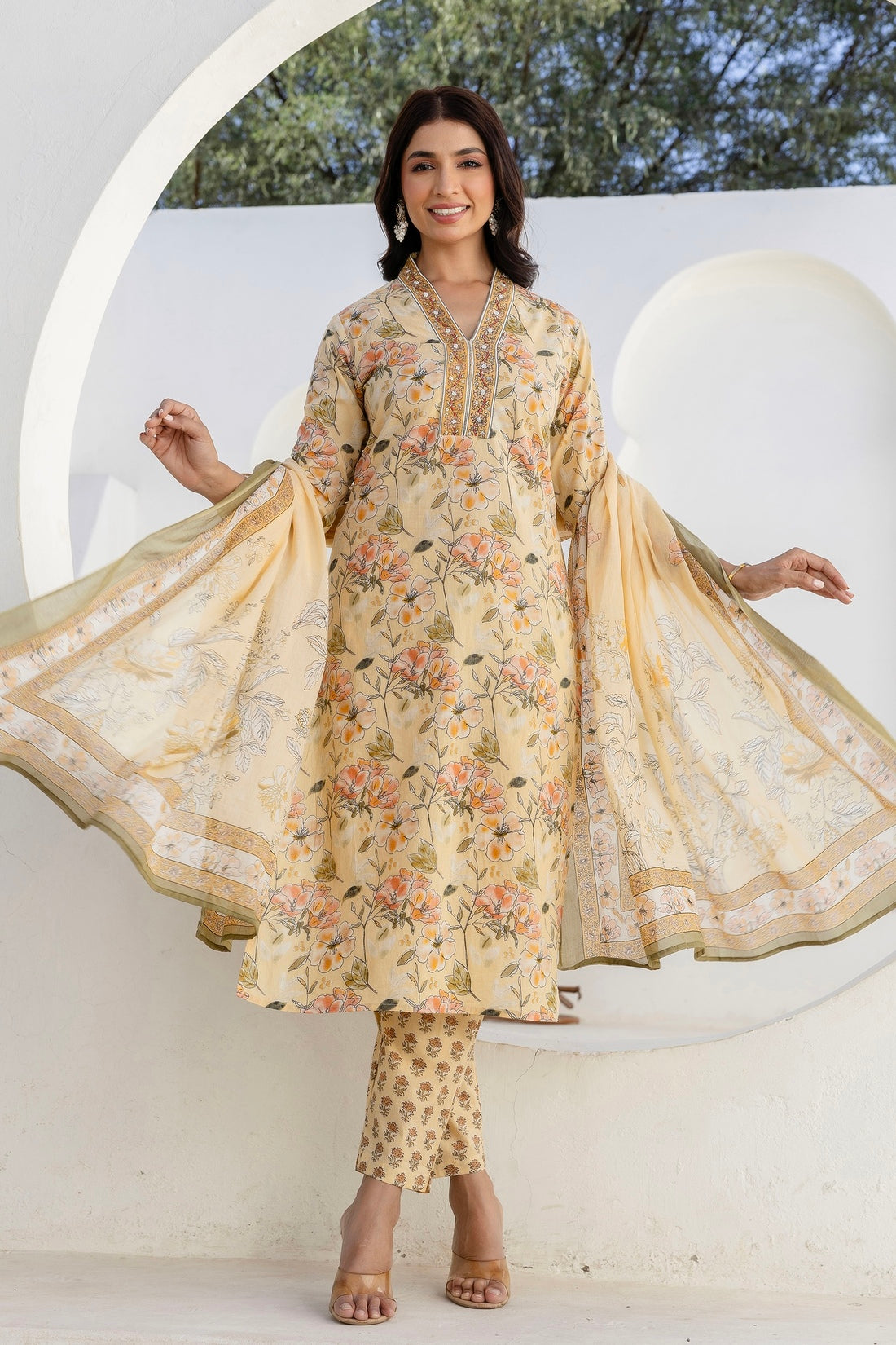 Pastel Yellow Collar Neck Floral Kurta Set with Trousers and Dupatta Pastel Yellow Collar Neck Floral Kurta Set with Trousers and Dupatta