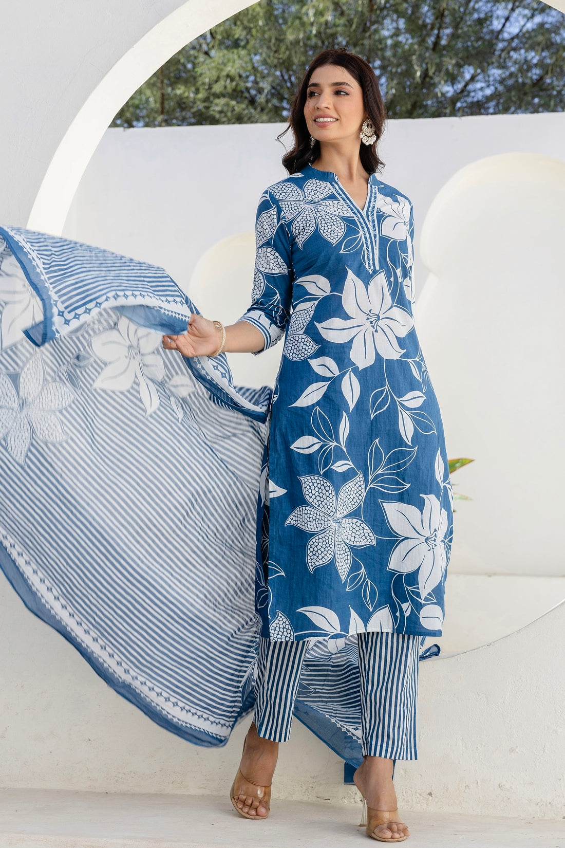 Blue Floral Print Plackett Highlight Collar Kurta Set with Trousers and Dupatta Blue Floral Print Plackett Highlight Collar Kurta Set with Trousers and Dupatta