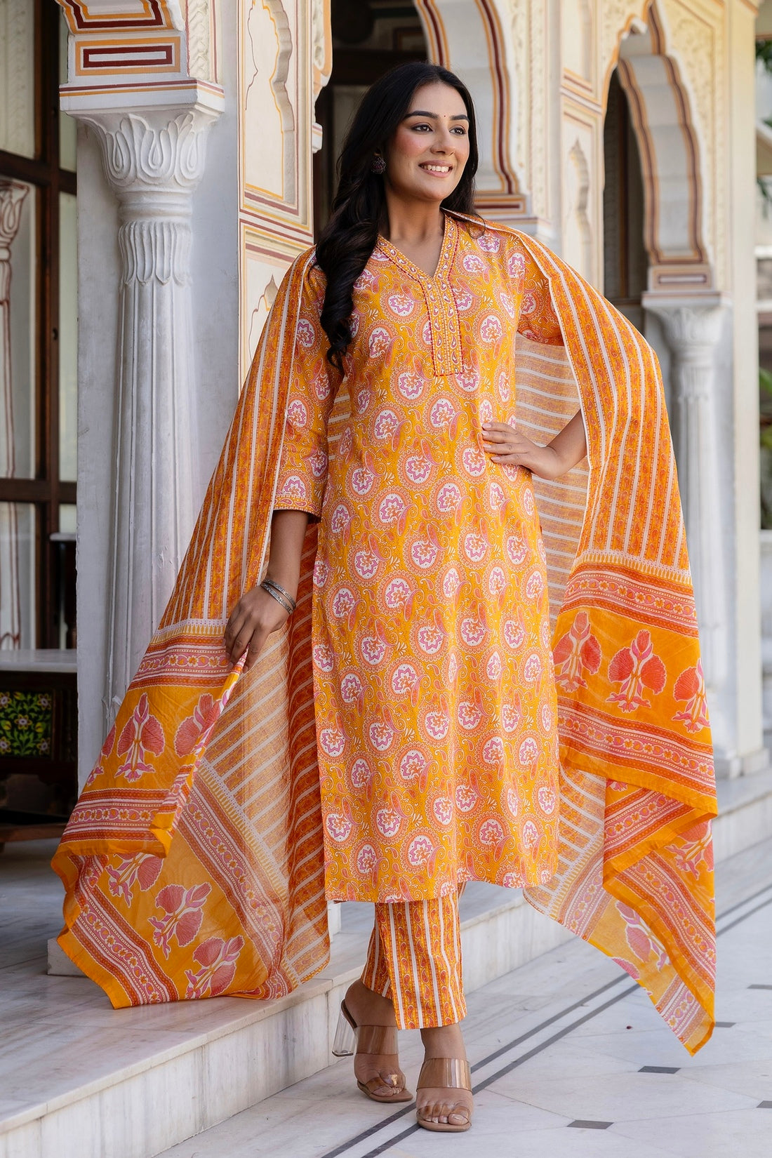 Deep Yellow Collar Neck Cotton Kurta Set with Trousers and Dupatta Deep Yellow Collar Neck Cotton Kurta Set with Trousers and Dupatta