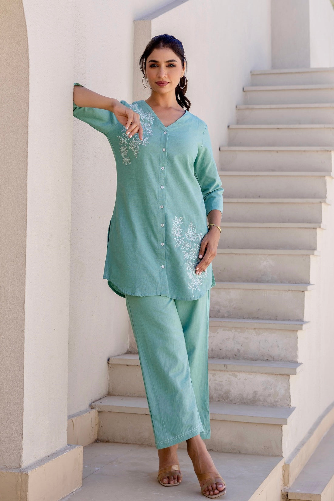 Damaris - Sage Green Cotton Flex Solid Embroidered Coord Set Damaris - Sage Green Cotton Flex Solid Embroidered Coord Set