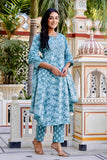 Sea Green Threadwork Highlight Cotton Kurta Set with Trousers and Dupatta Sea Green Threadwork Highlight Cotton Kurta Set with Trousers and Dupatta