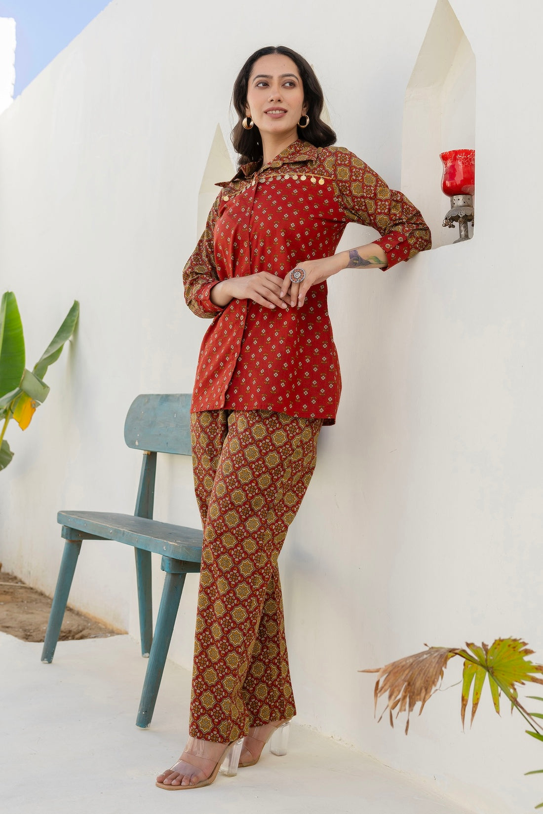 Meira - Rust Embellished Shirt with Contrast Pants Coord Set Meira - Rust Embellished Shirt with Contrast Pants Coord Set