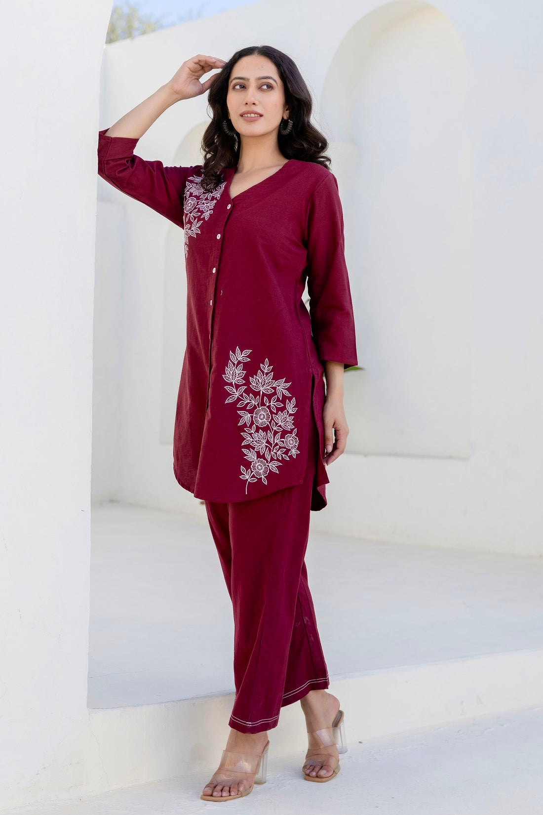 Ariadne - Burgundy Cotton Flex Solid Embroidered Coord Set Ariadne - Burgundy Cotton Flex Solid Embroidered Coord Set