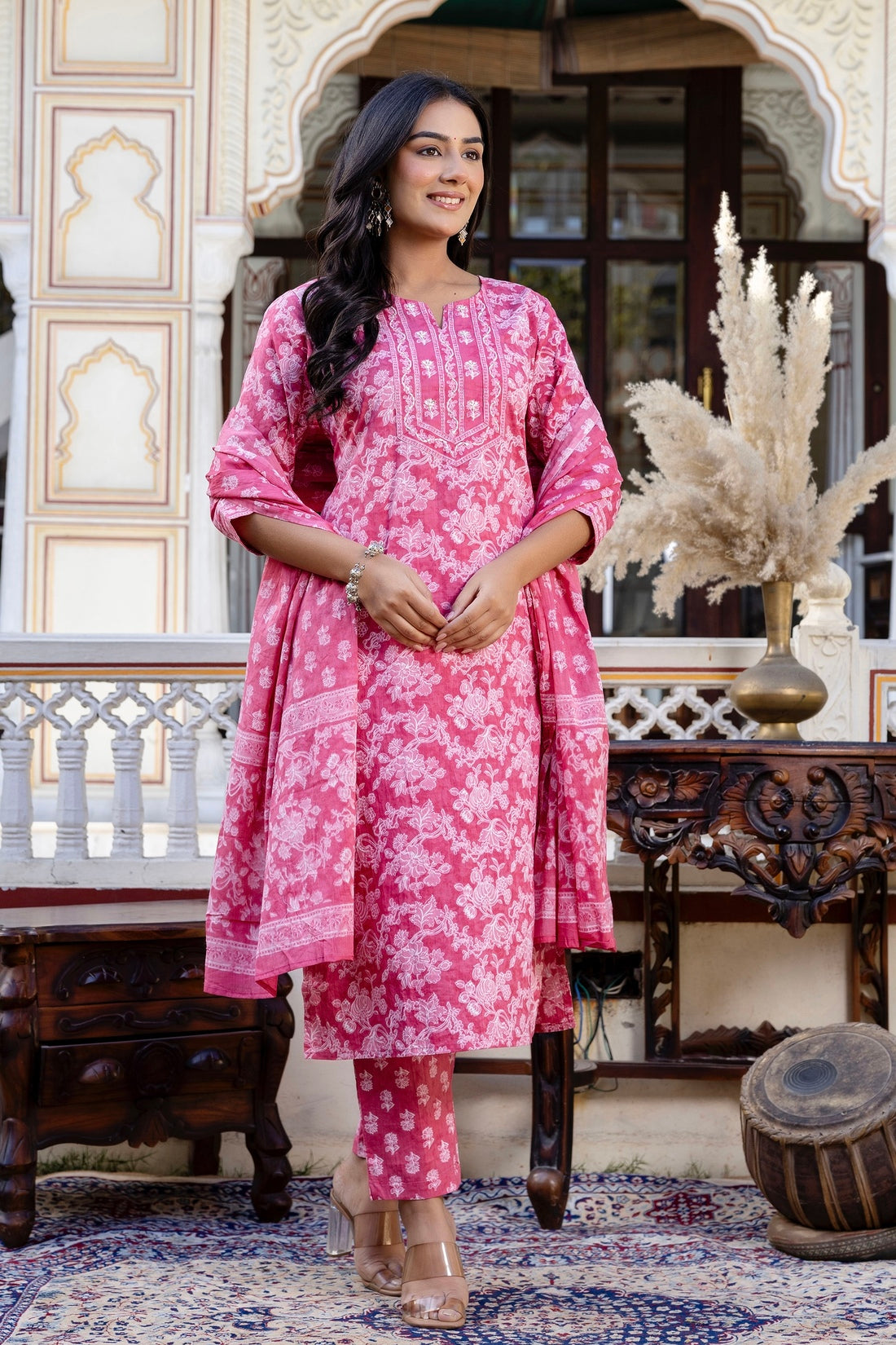 Pink Threadwork Highlight Cotton Kurta Set with Trousers and Dupatta Pink Threadwork Highlight Cotton Kurta Set with Trousers and Dupatta