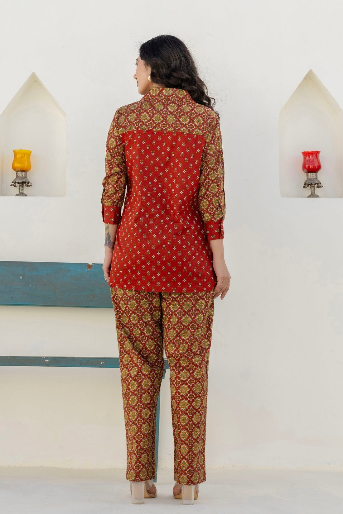 Meira - Rust Embellished Shirt with Contrast Pants Coord Set Meira - Rust Embellished Shirt with Contrast Pants Coord Set